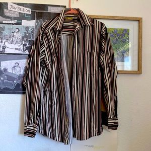 Large Long-Sleeved Striped Red, While, and Black Button Down